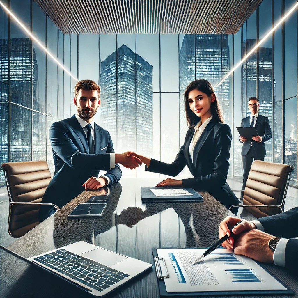 Two business professionals shaking hands at a modern conference table, symbolizing effective negotiation skills in a sleek office setting.