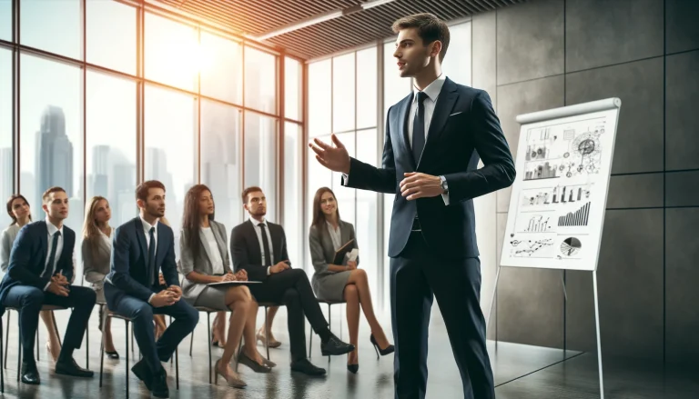 Business leader confidently speaking to a diverse group of professionals in a modern office setting.