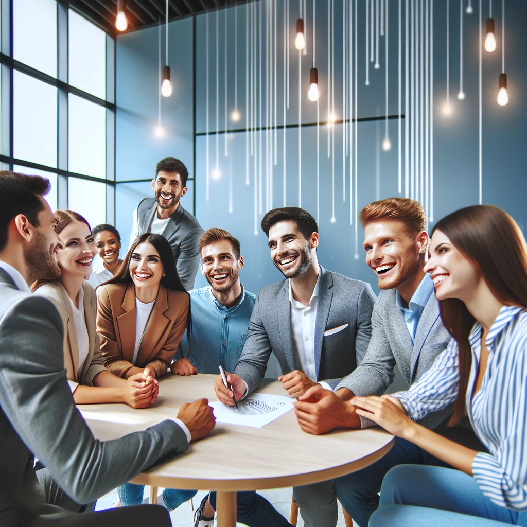 Diverse group of happy customers interacting with a business representative in a modern business setting.