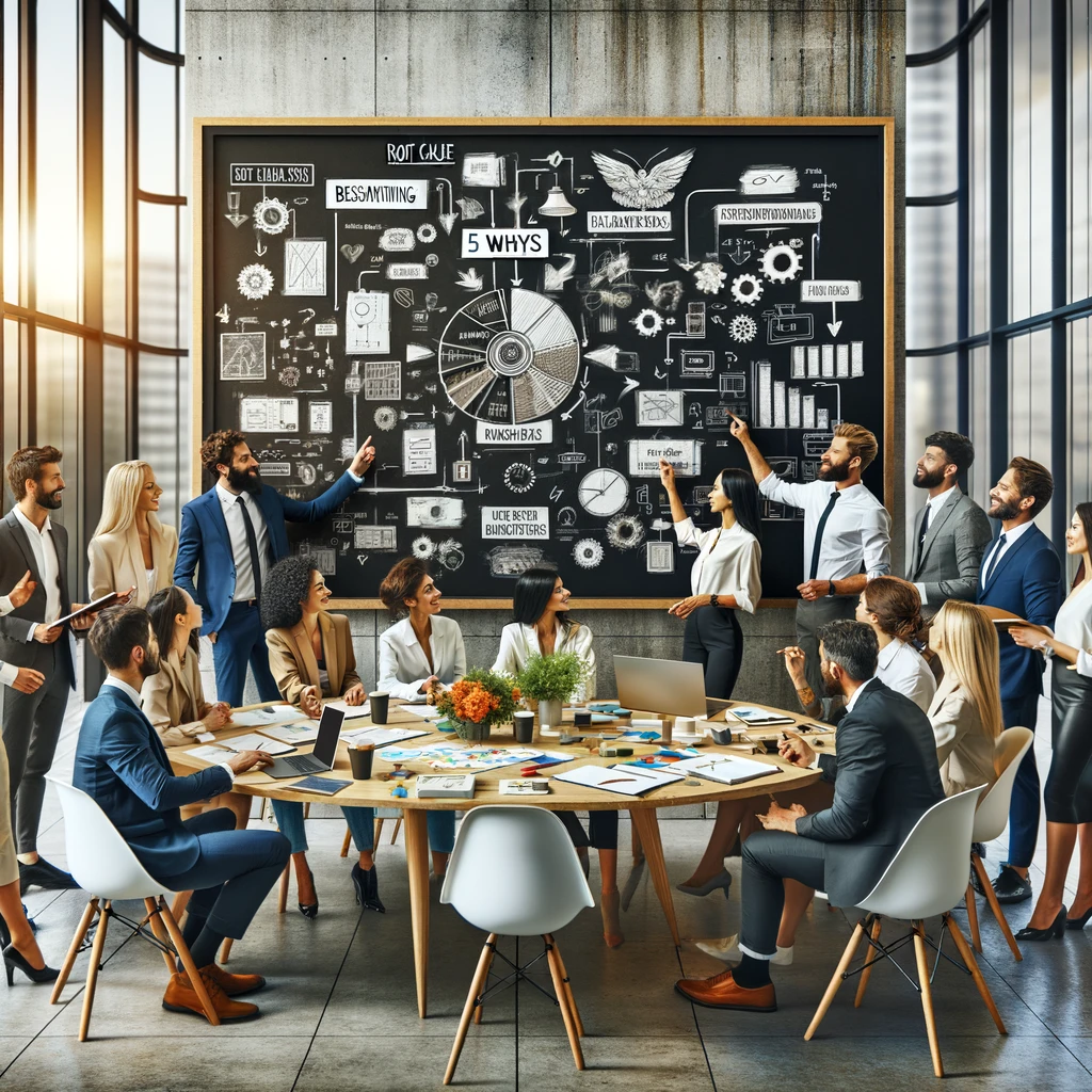 A diverse group of business professionals engaged in a brainstorming session in a modern office, pointing at a whiteboard filled with diagrams, flowcharts, and sticky notes with terms like 'Root Cause Analysis,' 'Brainstorming,' and '5 Whys.