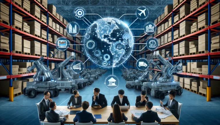 High-tech warehouse with automated systems and robotic arms, diverse team of professionals in a meeting discussing charts, and global supply chain network graphic in the background.