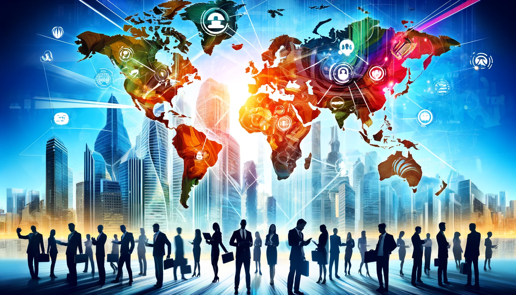 Illustration of global business expansion with a world map, major cities highlighted, arrows connecting countries, diverse business professionals interacting, and modern skyscrapers and iconic landmarks in the background.