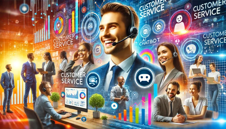 Professional graphic showing diverse business people engaged in customer service, including a smiling representative with a headset, digital dashboard with feedback analytics, AI chatbot on a smartphone, employee training session, and happy customers in a retail environment.