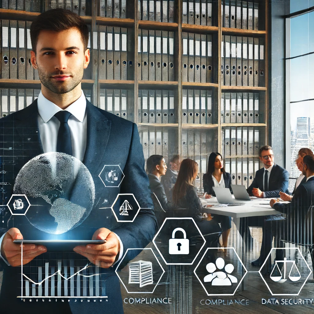 Confident business leader holding a tablet with compliance checklists and graphs, standing in a modern office with shelves of binders and legal books, while colleagues collaborate at a conference table.