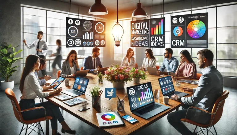 A diverse group of professionals collaborating in a modern office, with laptops and tablets displaying digital marketing dashboards, branding elements, social media icons, and CRM charts.