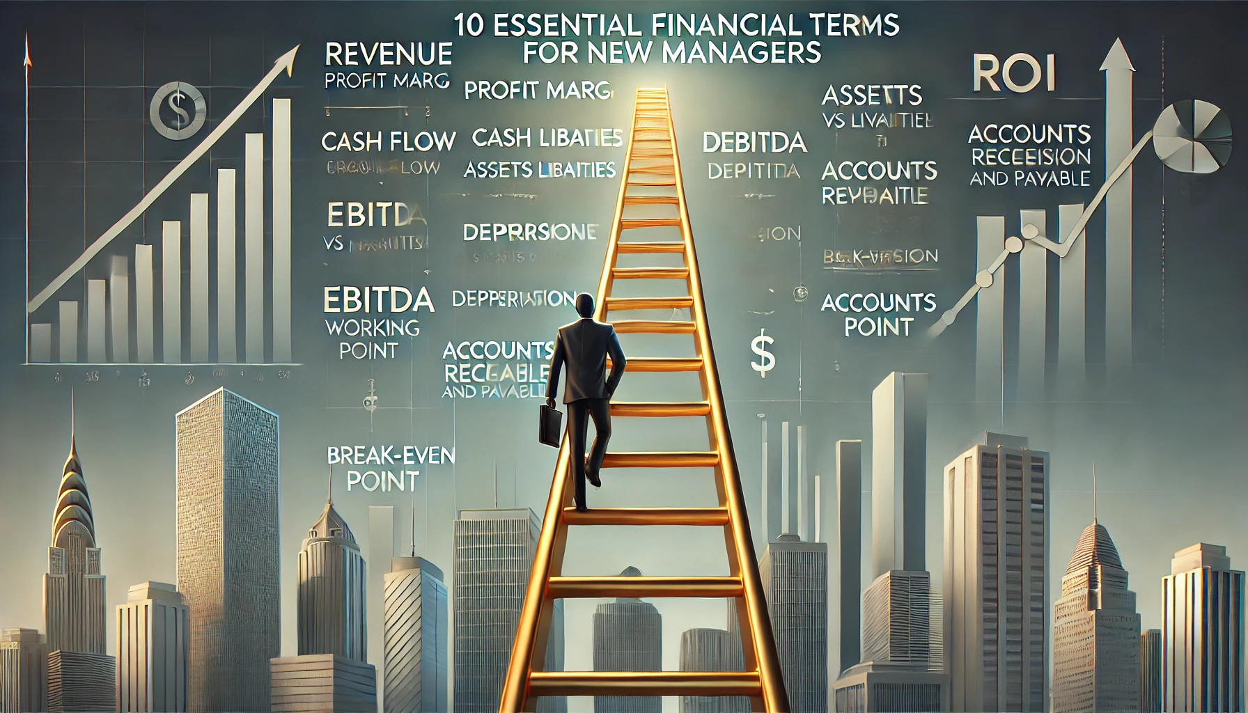 Financial literacy ladder showing 10 essential financial terms for managers ascending from basic to advanced concepts