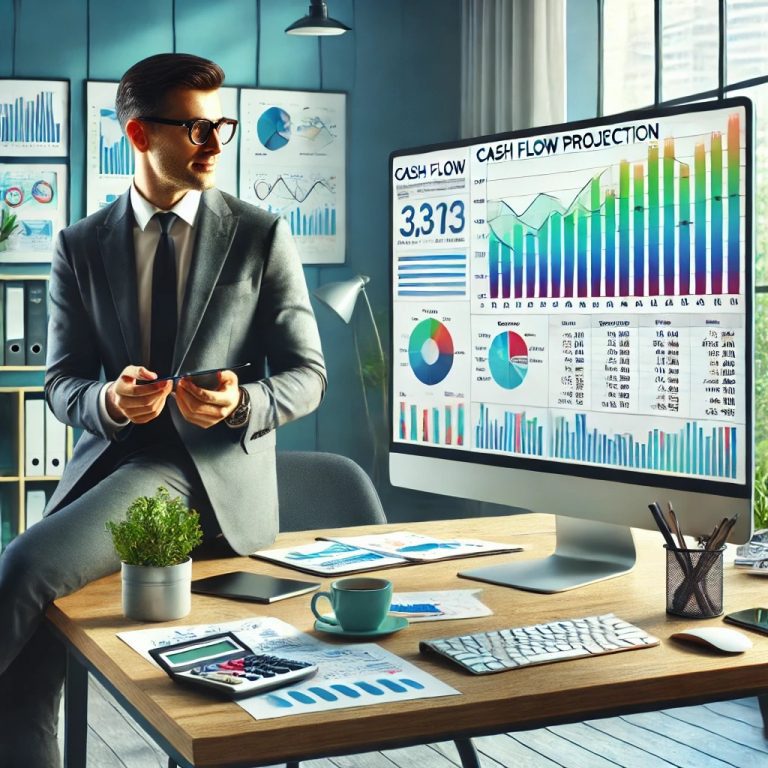 Small business owner reviewing cash flow projections on a computer in a modern office setting.