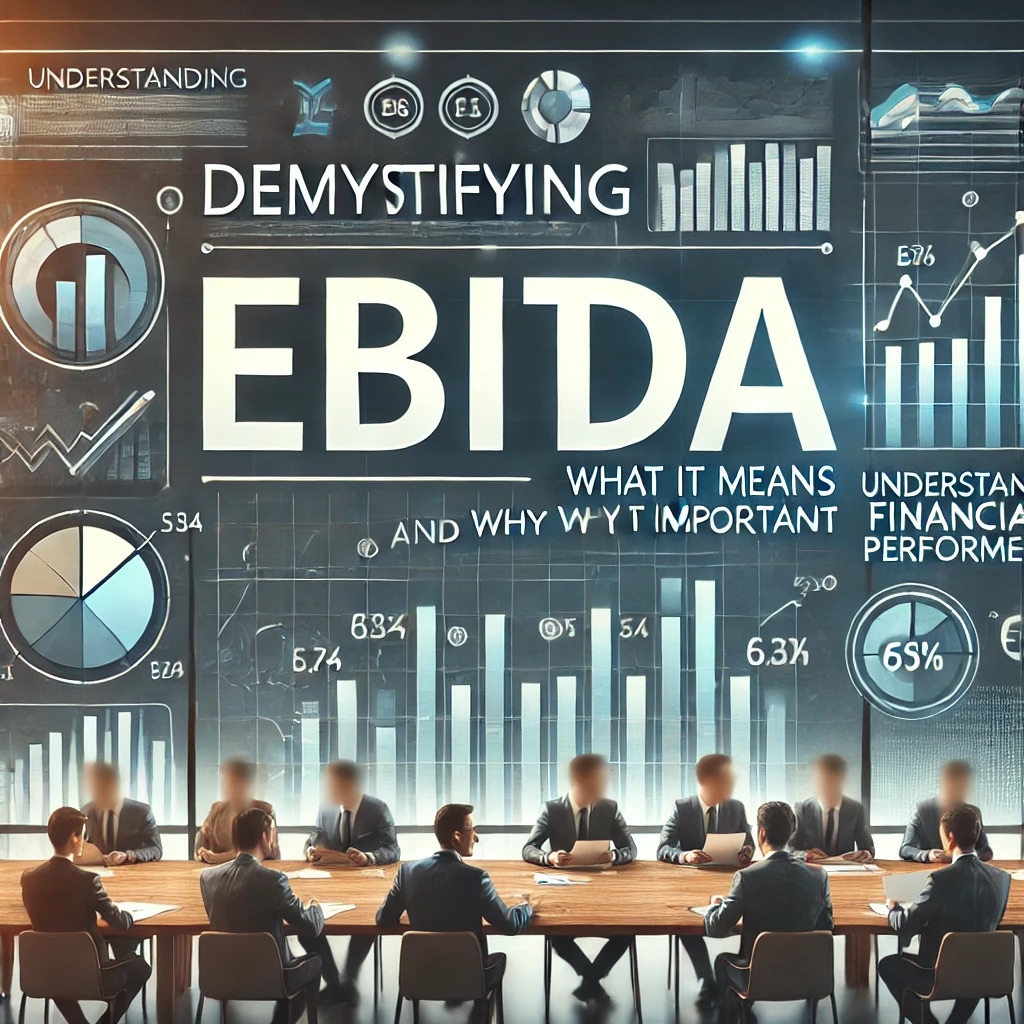 Featured image for the article Demystifying EBITDA: What It Means and Why It's Important, showing financial graphs, business meeting setting, and the keyword EBITDA prominently displayed.