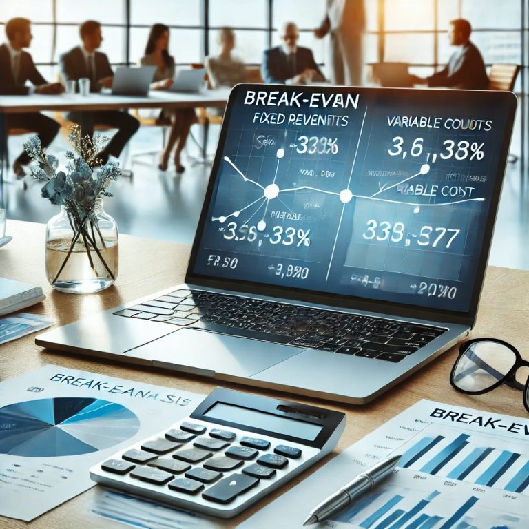 A laptop displaying a break-even analysis chart on a desk in a modern office, surrounded by financial documents, calculator, and a pen, with professionals discussing in the background.