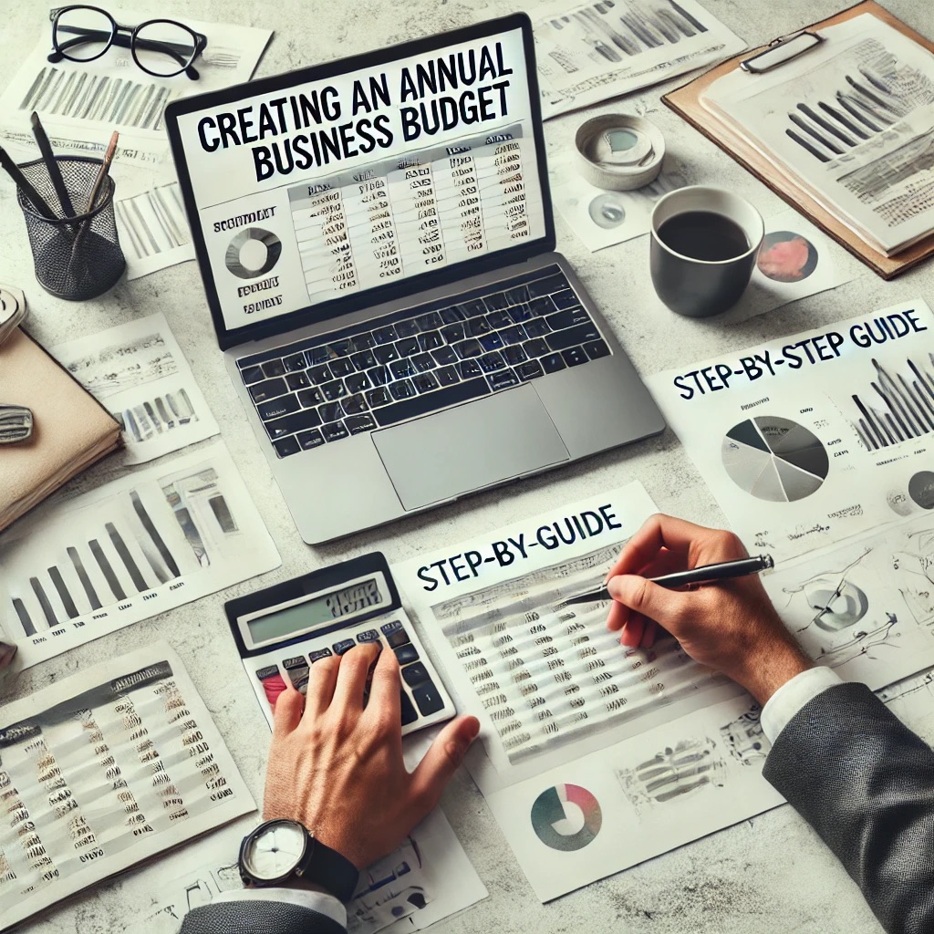 A professional desk with a laptop displaying a budget spreadsheet, financial documents, charts, graphs, a person using a calculator, and a cup of coffee.