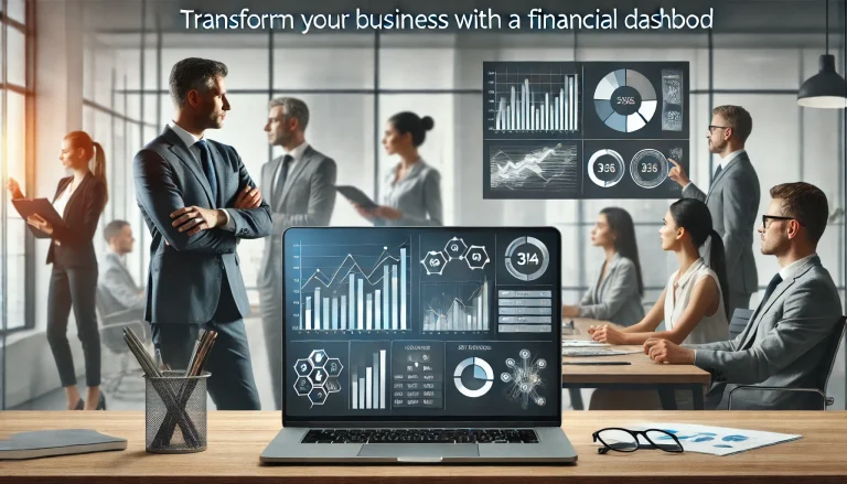 A professional office setting with a businessperson and a team viewing a laptop displaying a vibrant financial dashboard with charts, graphs, and key metrics.