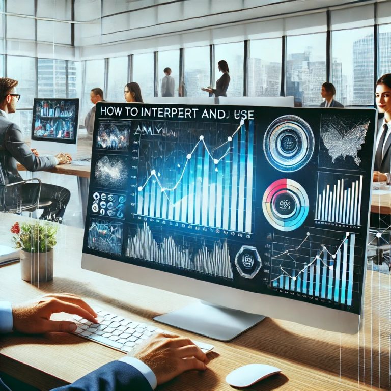 A modern office setting with professionals analysing graphs and financial documents on a computer screen, featuring the title 'How to Interpret and Use Financial Trend Analysis'.