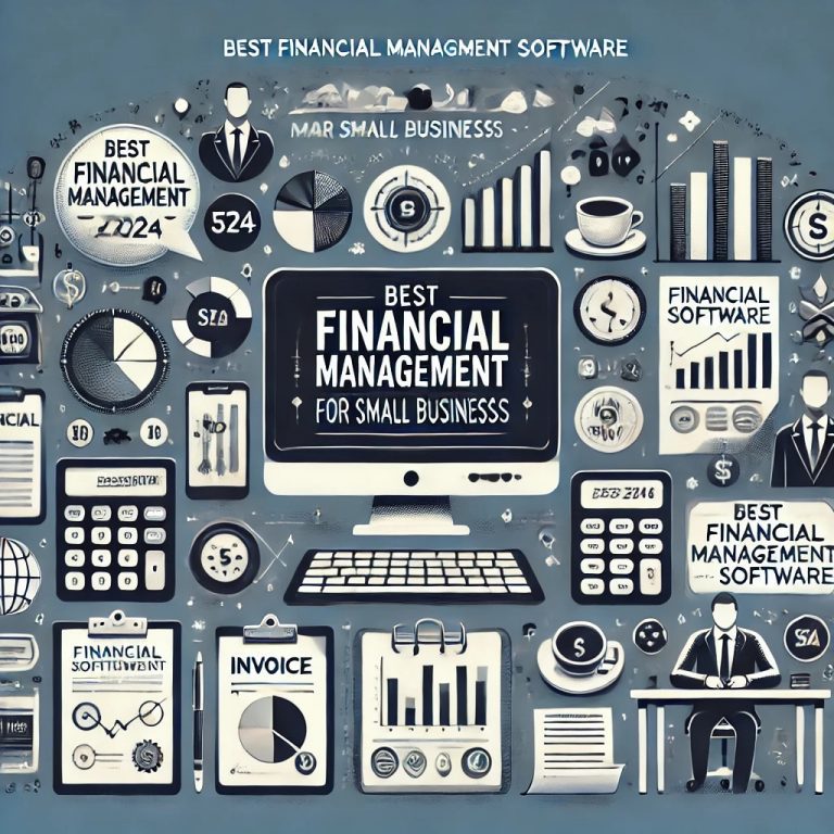 Illustration of financial management tools for small businesses in 2024 including graphs, charts, a calculator, and a computer displaying financial software with the text 'Best Financial Management Software for Small Businesses in 2024'.