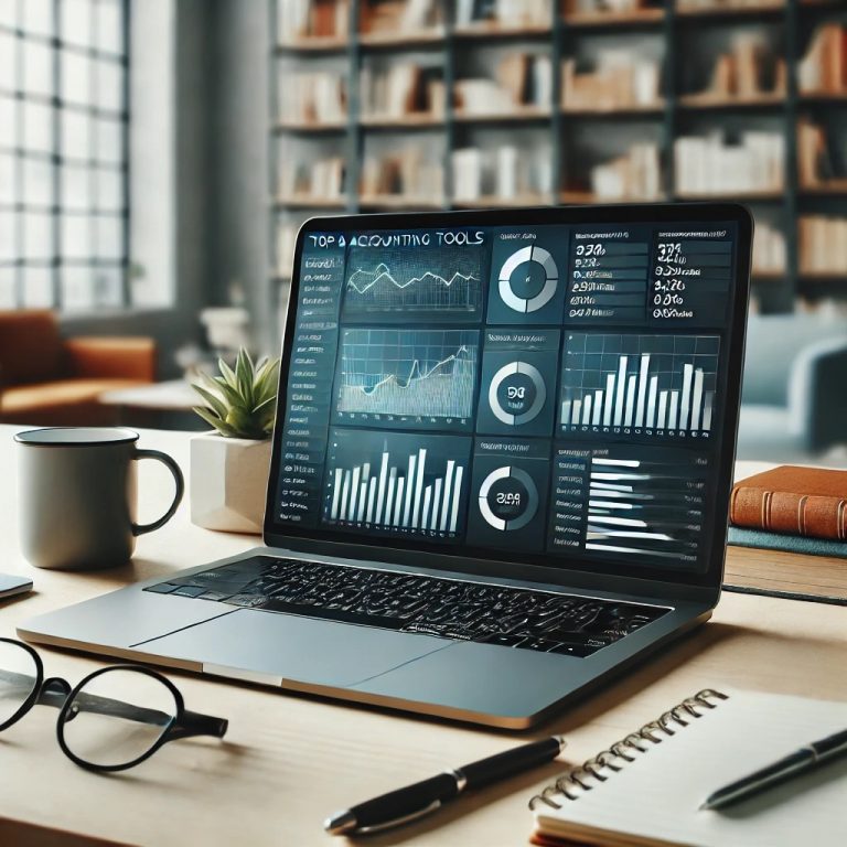 Modern workspace with a laptop displaying financial dashboard, surrounded by office supplies and a blurred bookshelf in the background, with text overlay 'Top 5 Accounting Tools for Non-Accountant Entrepreneurs'