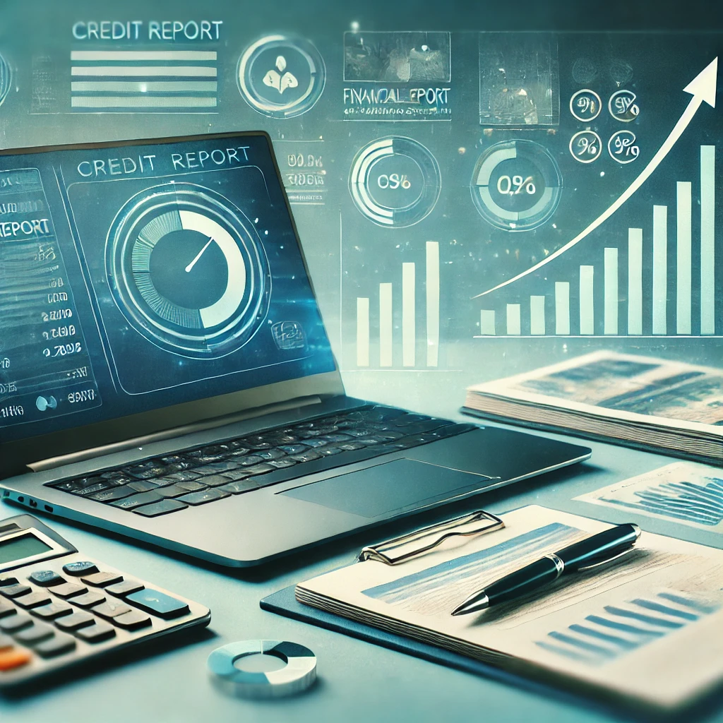 Professional desk with laptop displaying a business credit report, financial documents, and growth icons, symbolising how to improve business credit score.