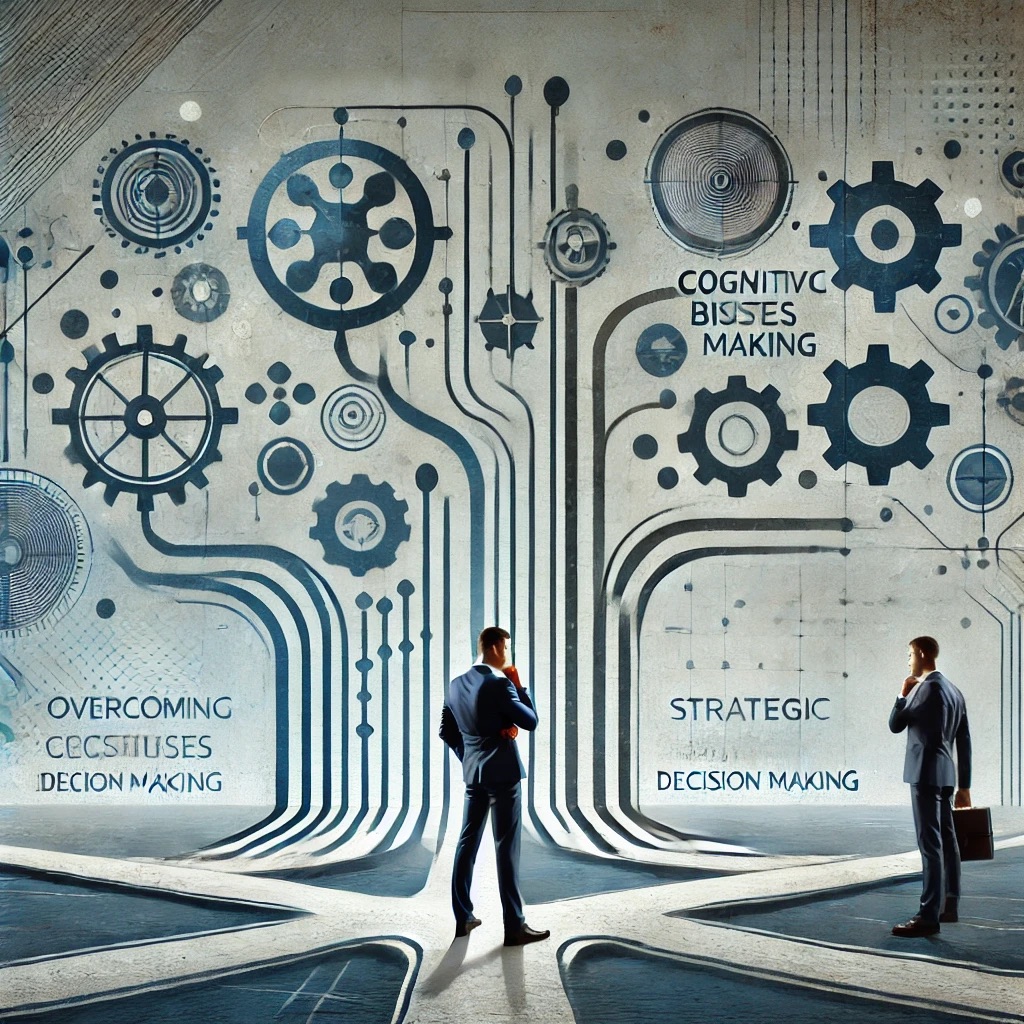 A business leader standing at a crossroads with a decision-making flowchart in front, symbolising strategic decision making and overcoming cognitive biases in business.