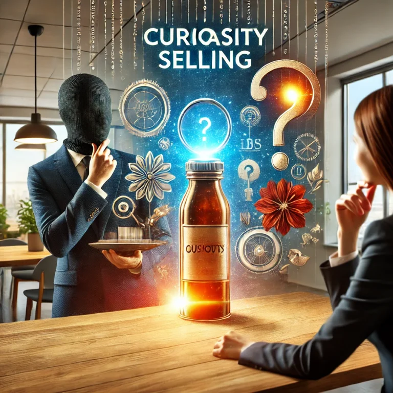 A salesperson sparking curiosity in a customer by showcasing a product with an element of mystery in a modern retail or office setting, representing the curiosity selling technique.