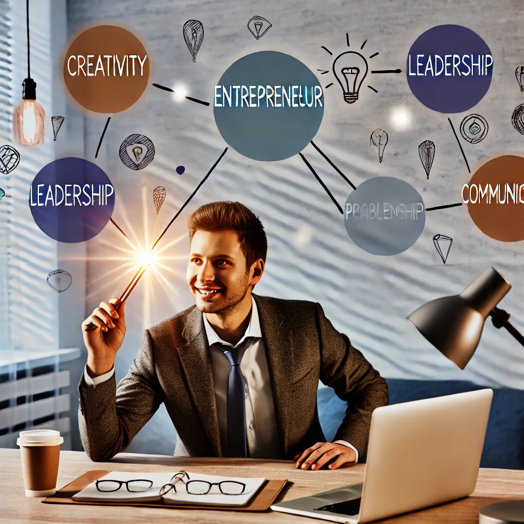 An inspiring image of a successful entrepreneur brainstorming new ideas at a modern desk with symbols representing entrepreneurial competencies like creativity, leadership, problem-solving, and communication.