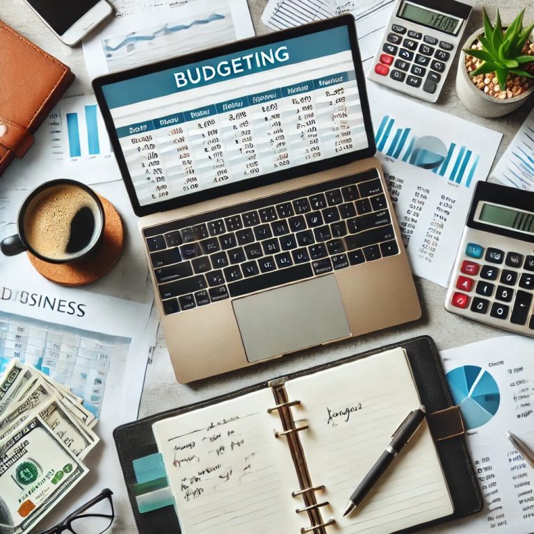 Organised workspace of a small business owner with a laptop displaying a budgeting spreadsheet, surrounded by financial documents, calculator, and coffee cup, representing financial planning and budgeting tips.