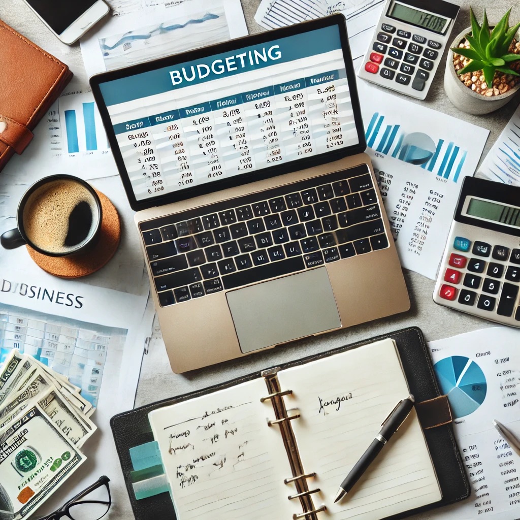 Organised workspace of a small business owner with a laptop displaying a budgeting spreadsheet, surrounded by financial documents, calculator, and coffee cup, representing financial planning and budgeting tips.