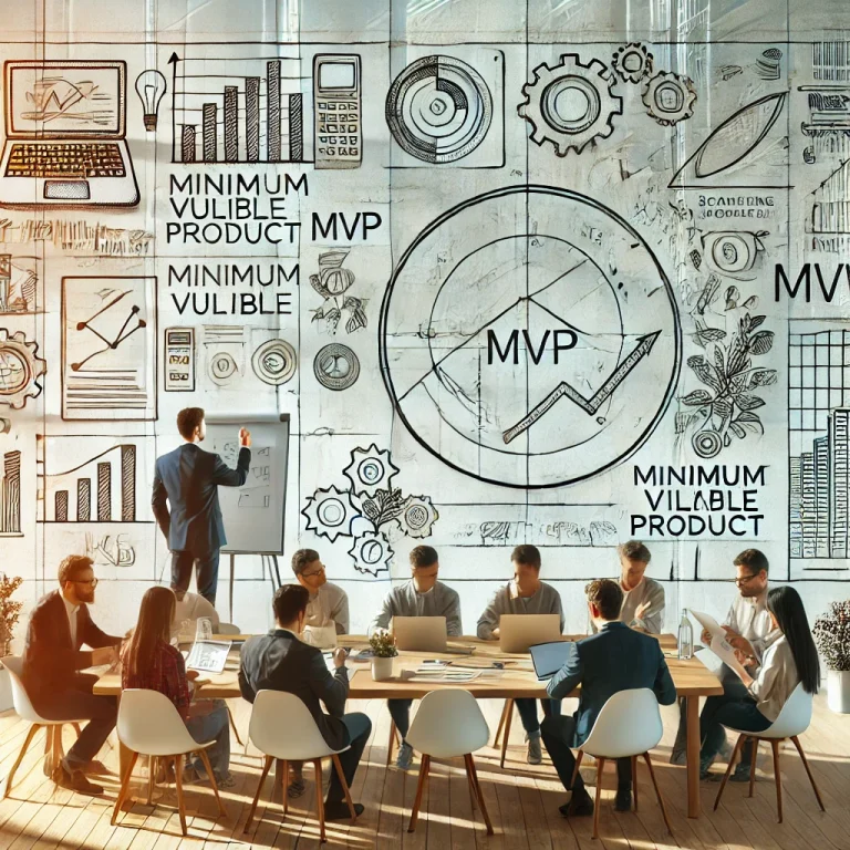 An entrepreneur’s workspace with sketches, wireframes, and a laptop, showing the development of a Minimum Viable Product (MVP). A group of professionals collaborates around a whiteboard, symbolising innovation and the process of scaling a product for success.