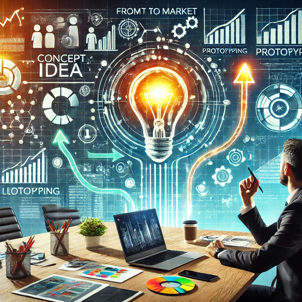 An entrepreneur brainstorming in a modern office with a lightbulb symbolising a new idea transforming into a finished product. Arrows indicate stages like planning, prototyping, and launching, with charts and graphs representing market research and growth.