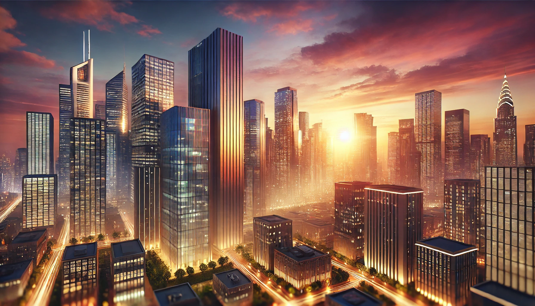 Cityscape at sunset with tall skyscrapers and warm lighting, symbolizing ambition, growth, and business success.