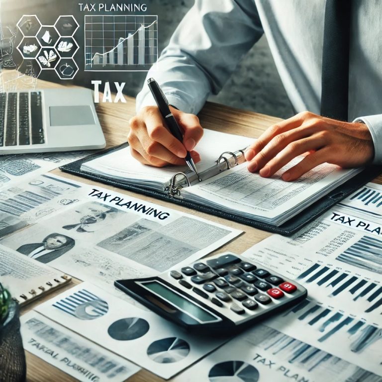 A business desk with financial documents, calculator, laptop, and someone writing notes, symbolising effective tax planning strategies for entrepreneurs.