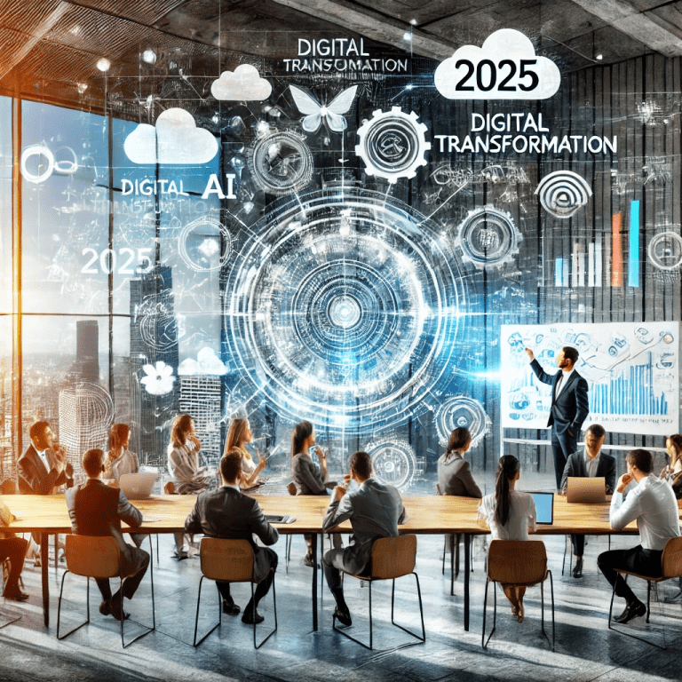 A modern office with diverse professionals brainstorming on digital transformation strategies for 2025, featuring data analytics screens, cloud computing, and AI elements.