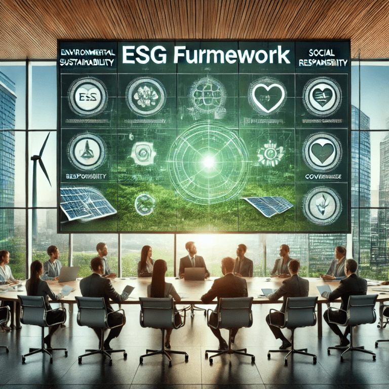 Diverse professionals in a modern boardroom discussing an ESG framework with a green cityscape in the background featuring solar panels, wind turbines, and clean energy elements.