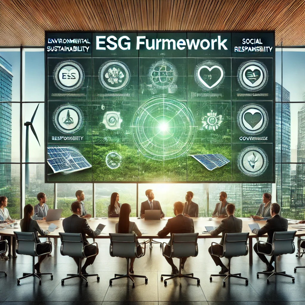 Diverse professionals in a modern boardroom discussing an ESG framework with a green cityscape in the background featuring solar panels, wind turbines, and clean energy elements.