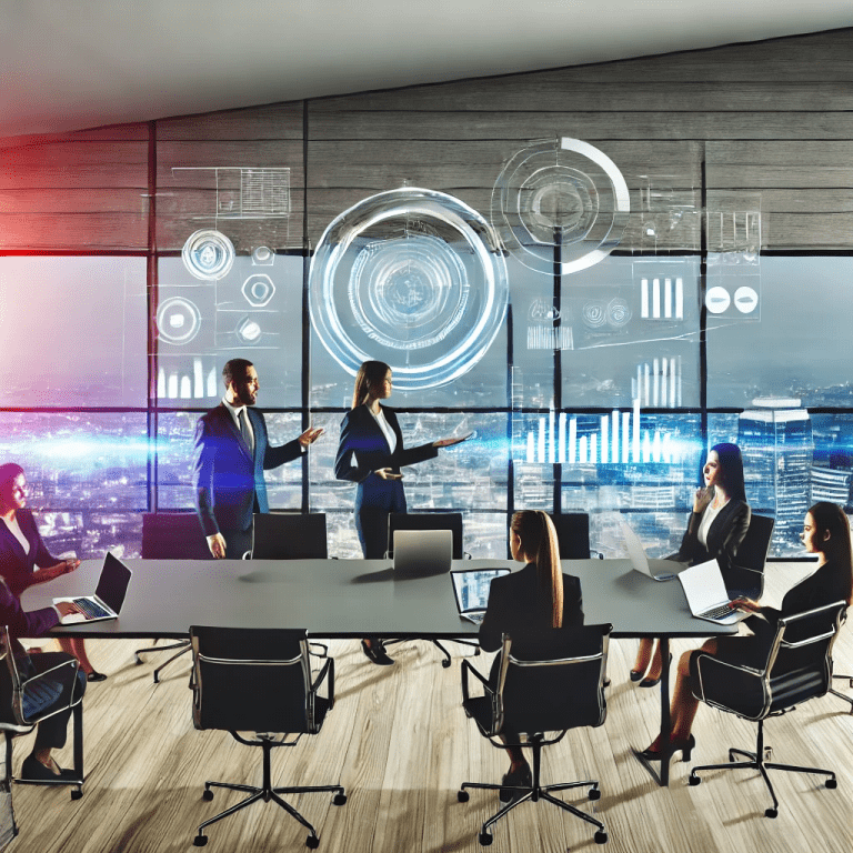 Diverse business team collaborating on digital transformation and modern strategies with futuristic holographic screens in a cityscape setting.