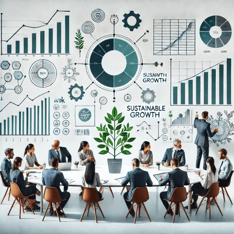 “A modern office with diverse entrepreneurs discussing strategies for scaling a startup, with charts, growth metrics, and a plant symbolising sustainable growth.