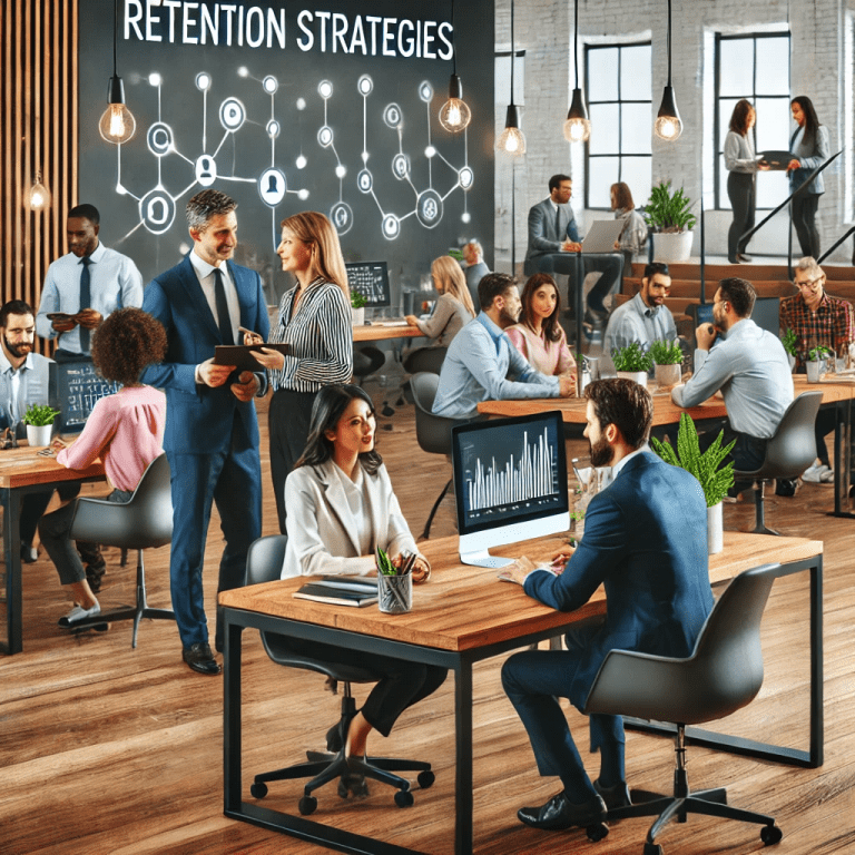 A diverse group of employees collaborating in a modern office, with a manager conducting a feedback session and a focus on employee retention strategies.