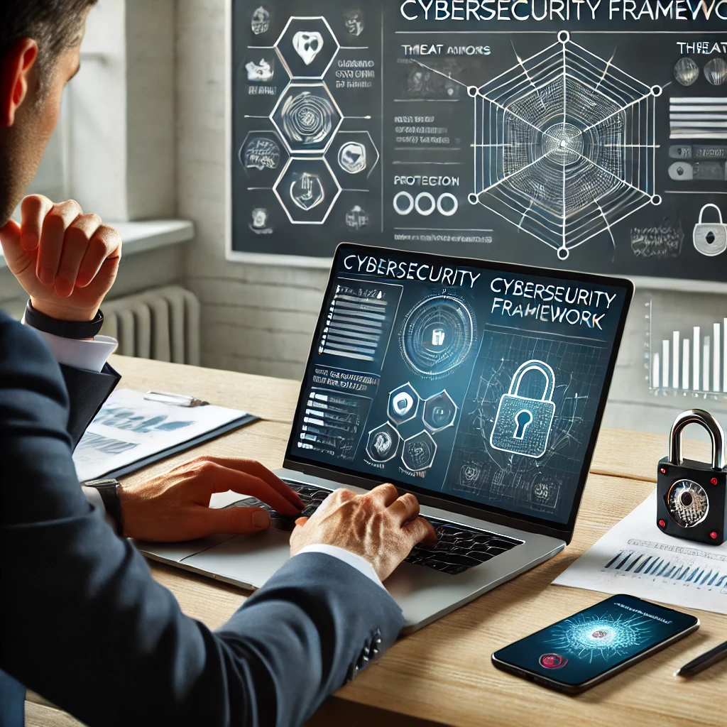 : A business professional reviewing cybersecurity analytics on a laptop, with a smartphone and a cybersecurity framework diagram in the background.