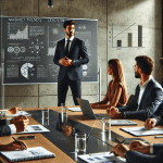 A business development manager presenting growth strategies to a team in a modern office, with a laptop displaying analytics and a whiteboard showcasing market trends.