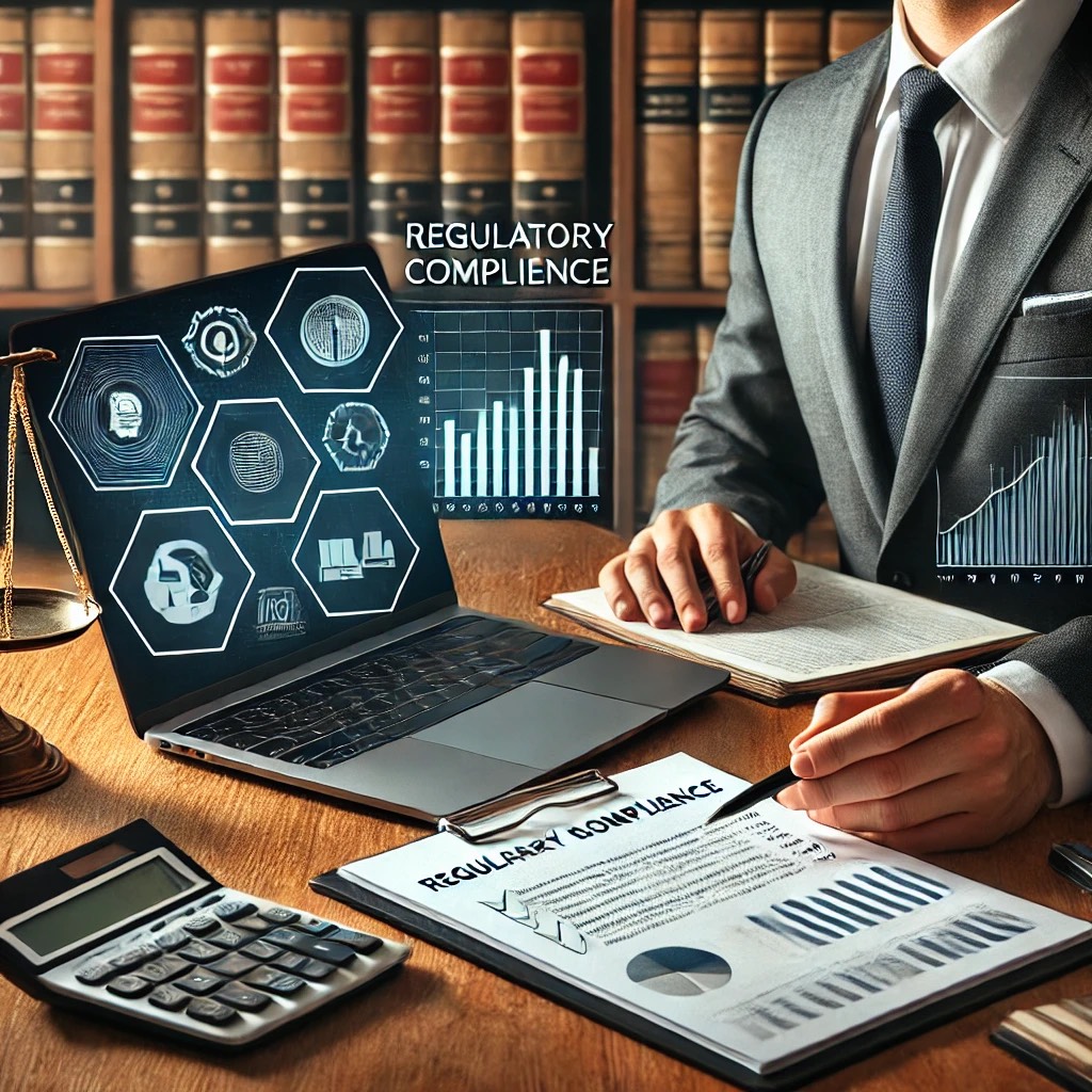 A professional workspace featuring a businessperson reviewing compliance and risk management documents, with charts on a laptop and a clipboard marked ‘Regulatory Compliance.’