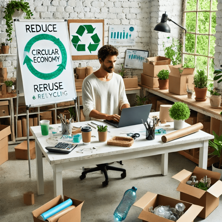 : A small business owner in a sustainable workspace with eco-friendly packaging, green plants, and a whiteboard showing circular economy principles.