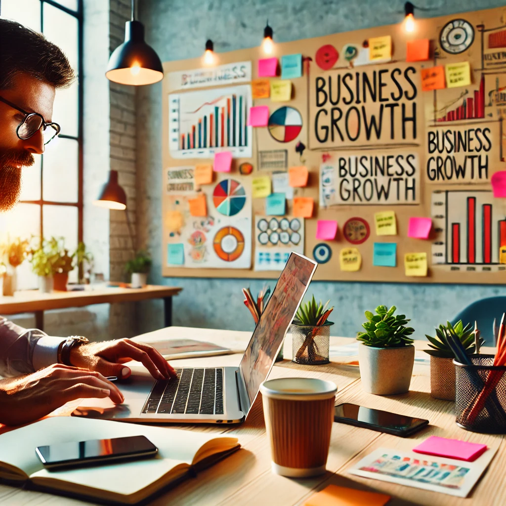 An entrepreneur brainstorming ideas and reviewing a business plan in a vibrant office setting.