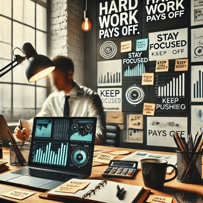 : A professional workspace with a determined individual working at a desk, featuring motivational notes, a laptop, and a wall poster saying “Hard Work Pays Off.”