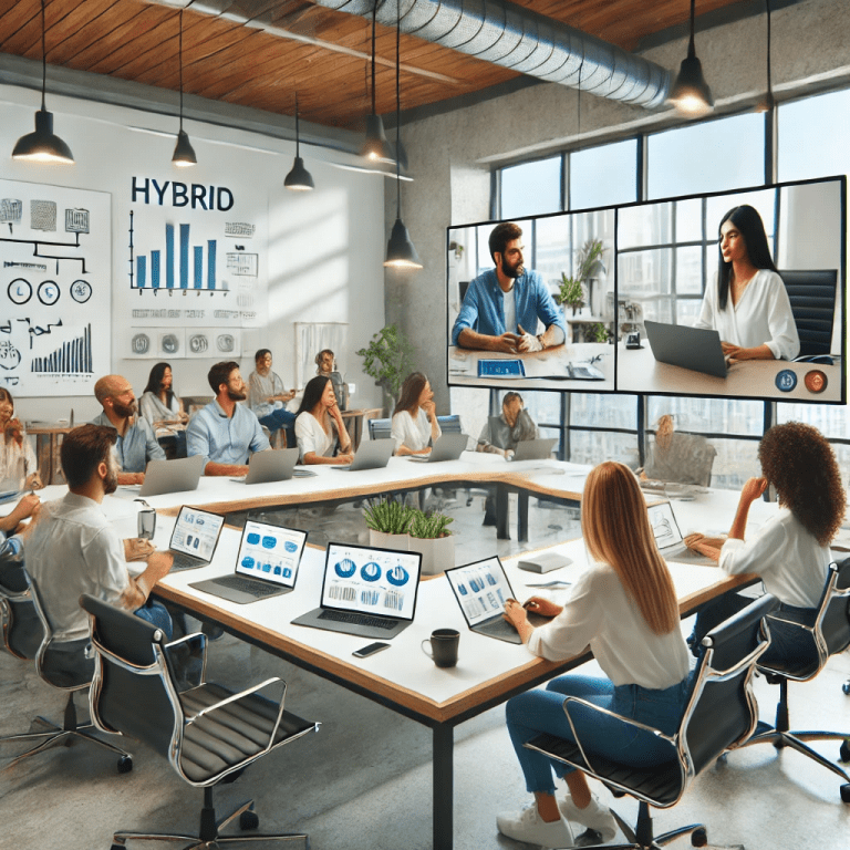 A diverse team collaborating in a hybrid work setting, with some members in an office and others joining remotely via video conference, symbolising effective hybrid and remote team management.