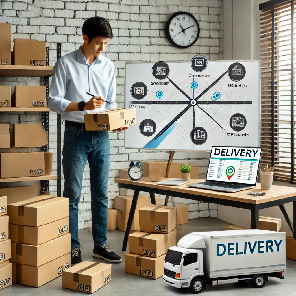 A small business owner preparing delivery packages with a laptop showing route optimisation software and delivery-related visuals.