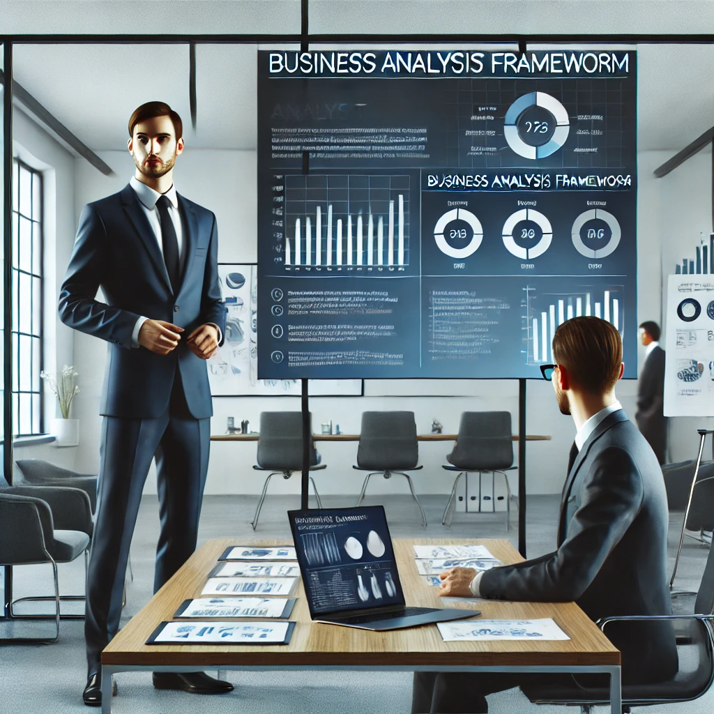 A business analyst presenting insights in a modern office with a laptop displaying a graph, surrounded by charts and a whiteboard titled “Business Analysis Framework.