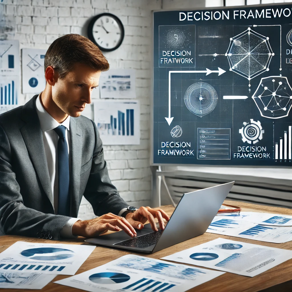 A business leader reviewing data on a laptop surrounded by charts and documents, with a whiteboard featuring a “Decision Framework” flowchart in the background.