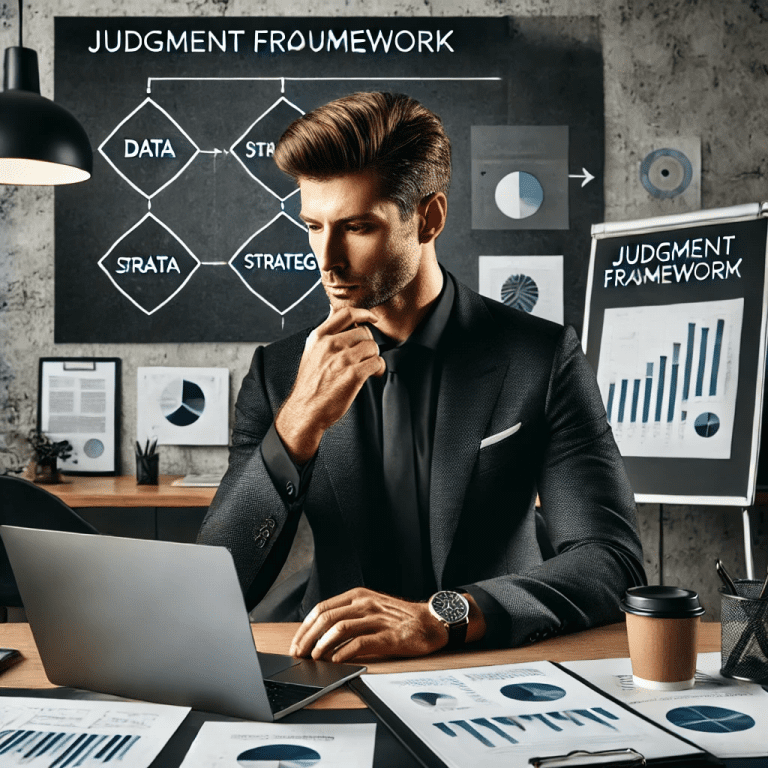 A professional business leader reviewing decision-making analytics with charts and a judgment framework flowchart in a modern office setting.