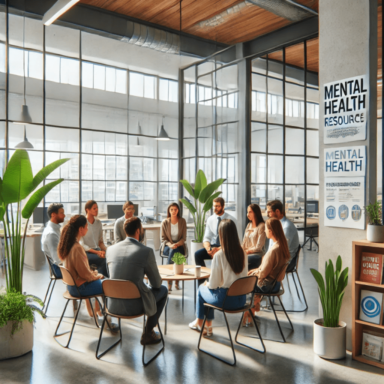 Employees in a well-lit office engaging in a supportive discussion, representing mental health awareness at work.