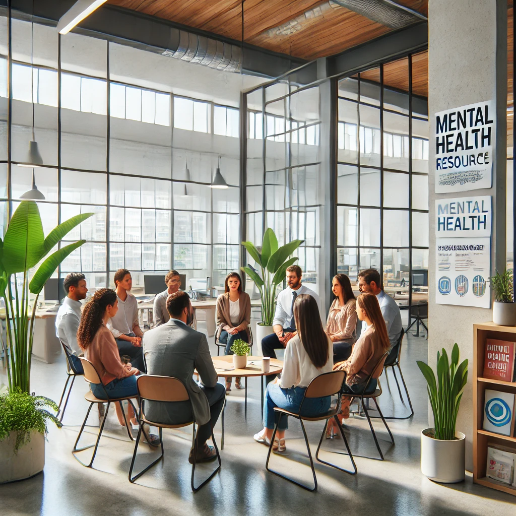 Employees in a well-lit office engaging in a supportive discussion, representing mental health awareness at work.