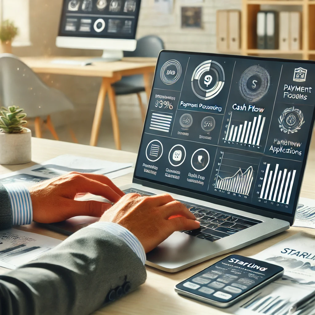 A small business owner using a laptop with financial dashboards displaying payment processing and cash flow analytics.