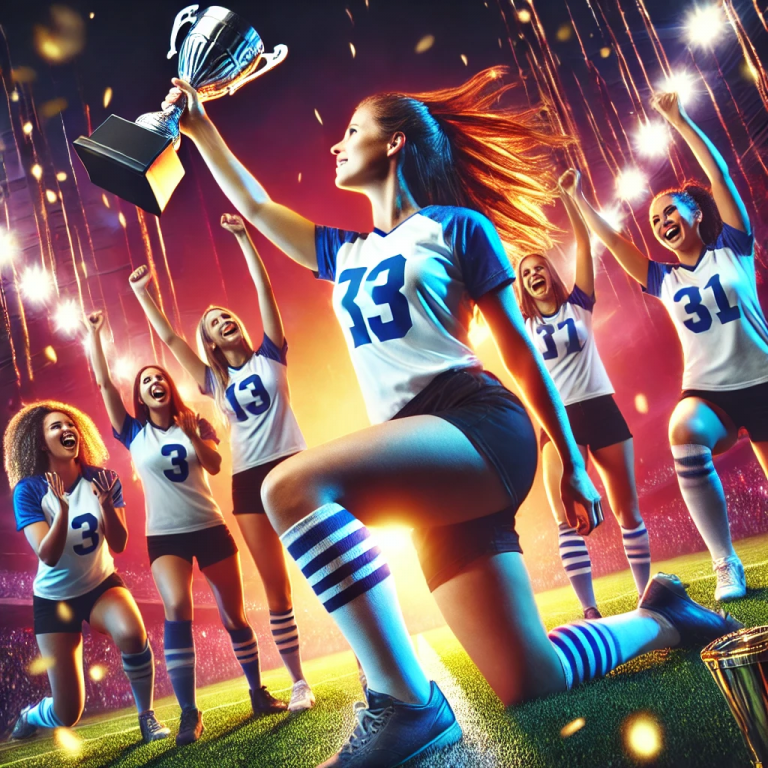 A women’s sports team celebrating victory on the field with a trophy and cheering fans in the background.