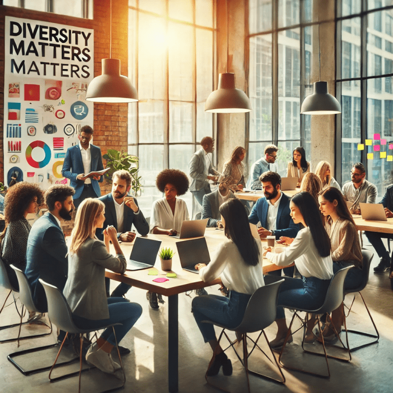 A diverse and inclusive workplace with employees collaborating in a modern office environment.